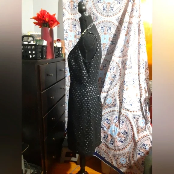 Adrianna Papell Women's Black Eyelift Lattice Overlay Lined Dress Sleeveless 8 - Picture 4 of 6